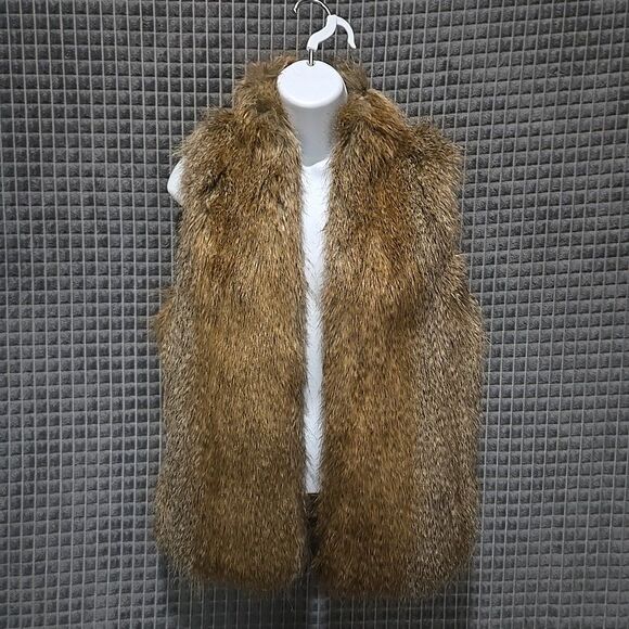 Brown Faux Fur Open Vest SzMed Vince Camuto Y2K Soft Baddie Boho Chic Glam Rock - Picture 3 of 14